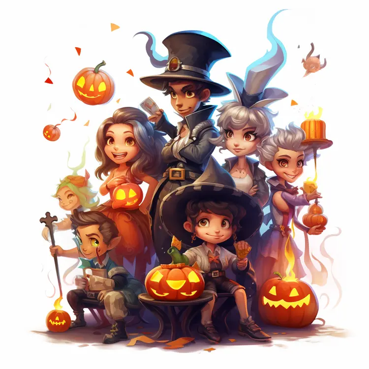 Group of Halloween Characters with Pumpkins