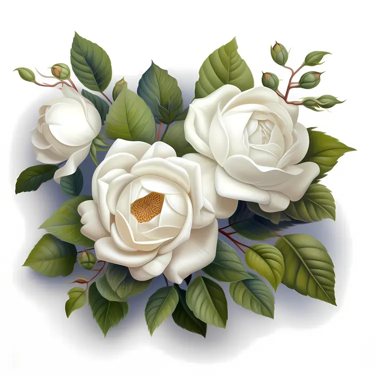 White Roses with Green Leaves and Buds