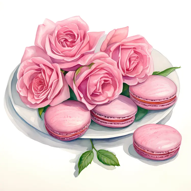 Pink Macarons and Roses on Plate