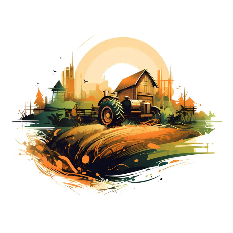Tractor in Field with Barn