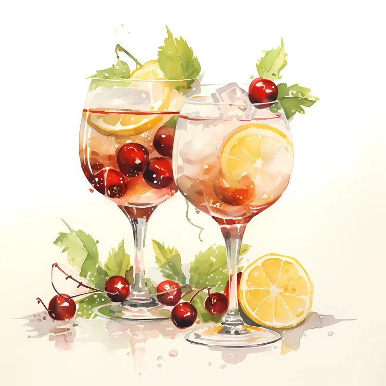 Two Glasses with Cherries and Lemon