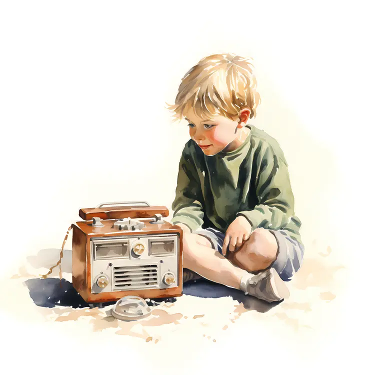 Young Boy Sitting with Vintage Radio