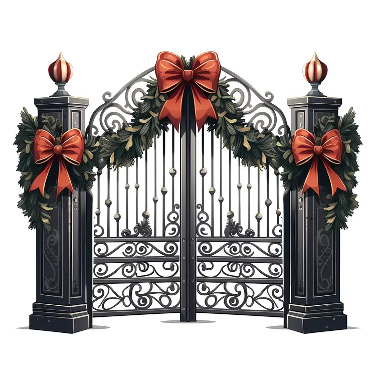 Christmas Gate with Red Bows and Garland