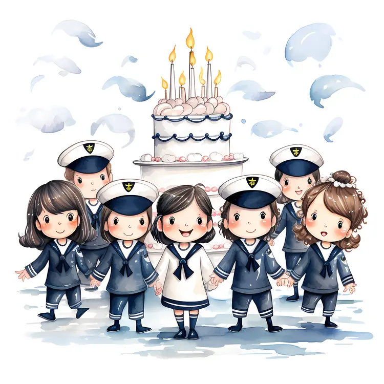 Children in Navy Uniforms Celebrating with a Birthday Cake