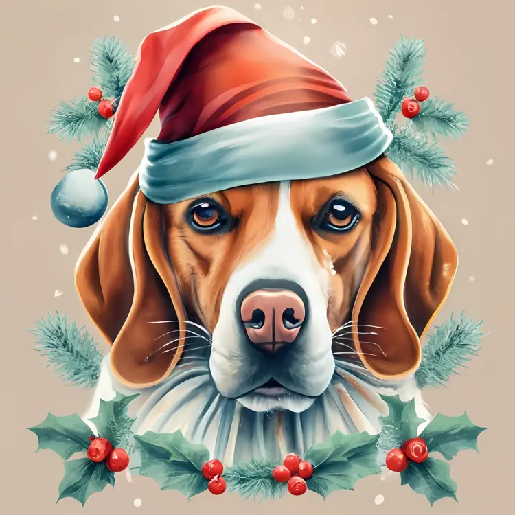 Dog with Santa Hat and Holly Decorations