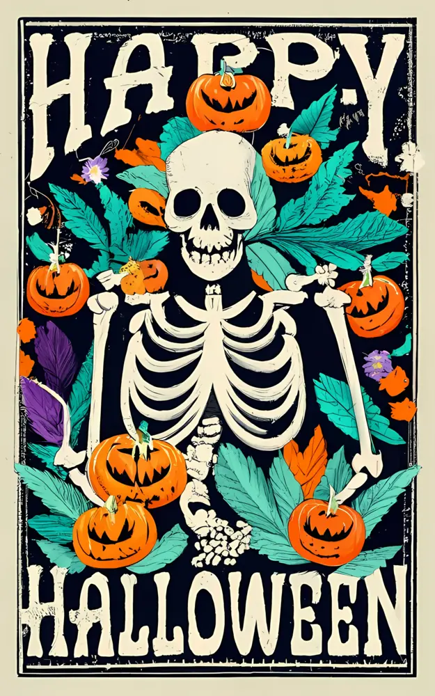 Skeleton with Pumpkins and Leaves for Halloween