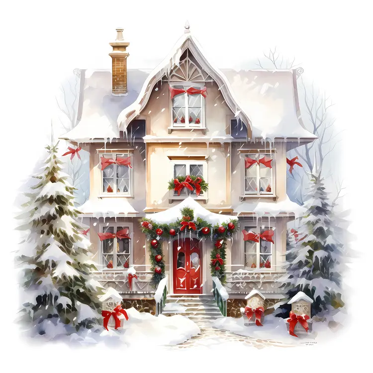 Small cute doodle house with Christmas decorations