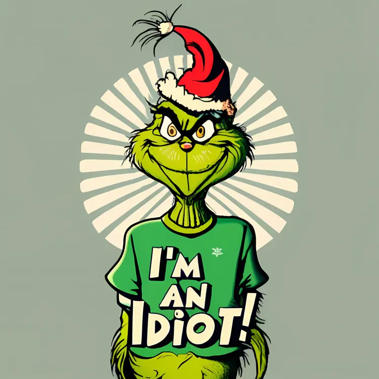 Grinch in Santa Hat with 'I'm an Idiot' Shirt