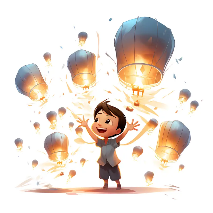 Boy Enjoying Sky Lanterns