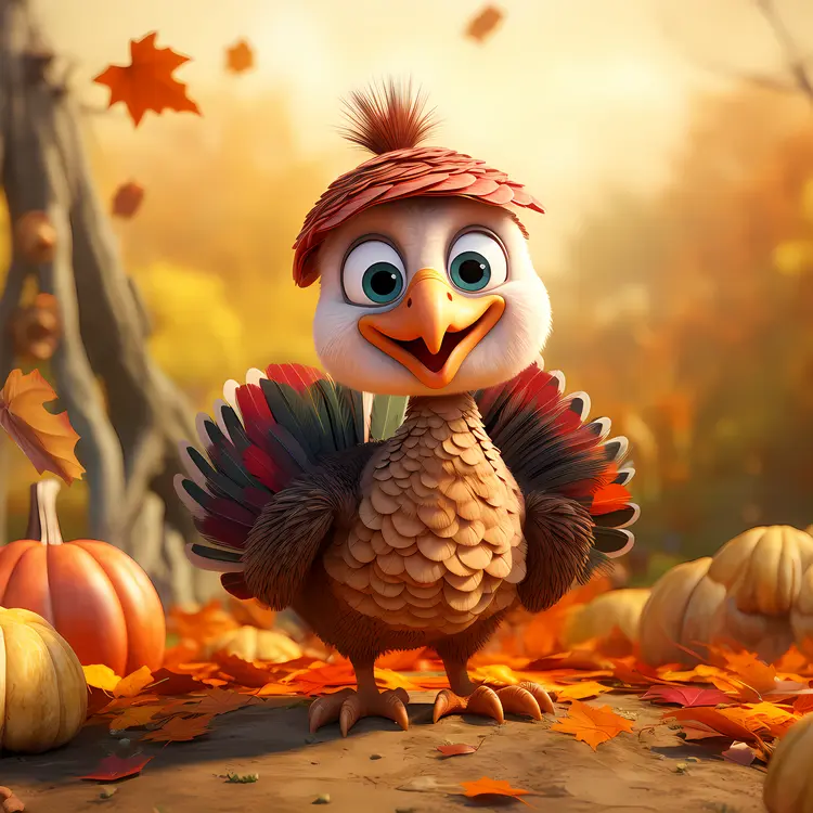 Cute Turkey with Red Hat in Autumn Setting