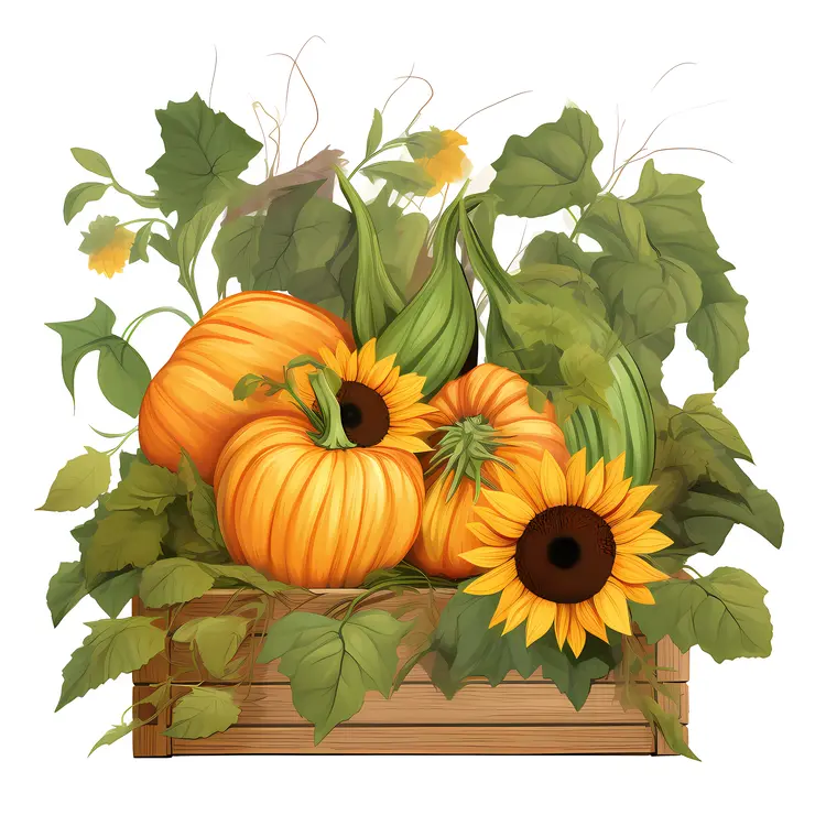 Sunflowers and Pumpkins in Wooden Crate