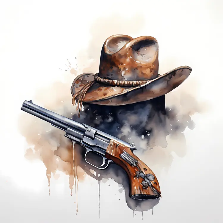 Cowboy Hat and Revolver in Watercolor Style