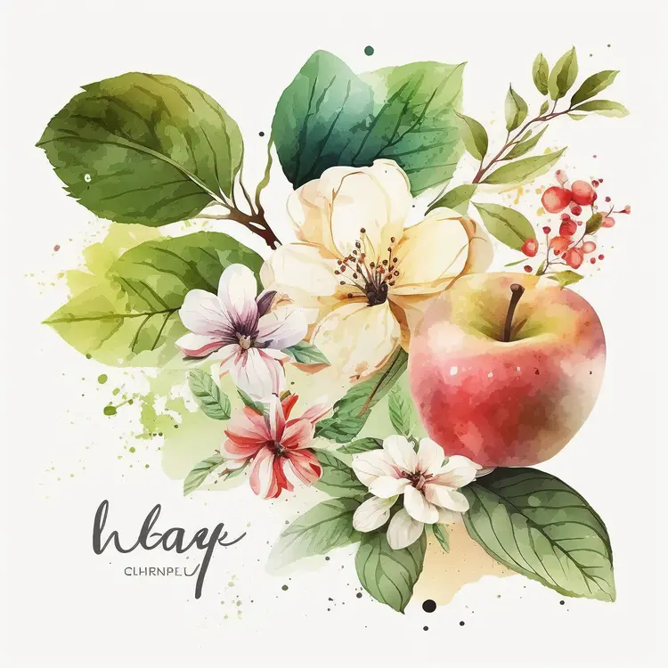 Watercolor Apple and Flowers Illustration