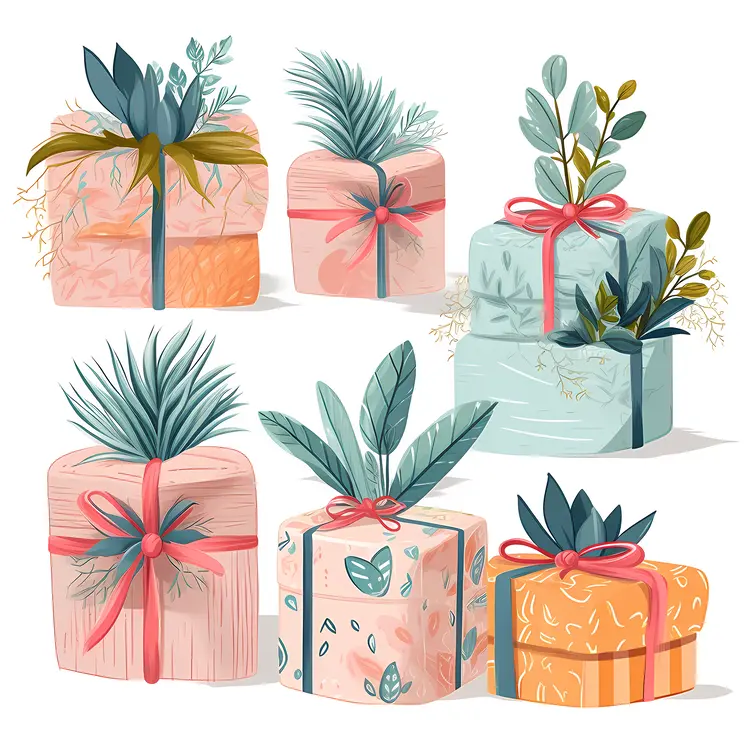 Gift Boxes with Leaves and Floral Accents