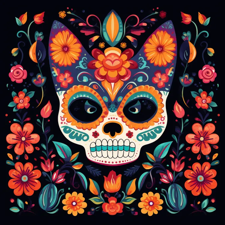 Colorful Sugar Skull with Floral Patterns for Day of the Dead Celebration