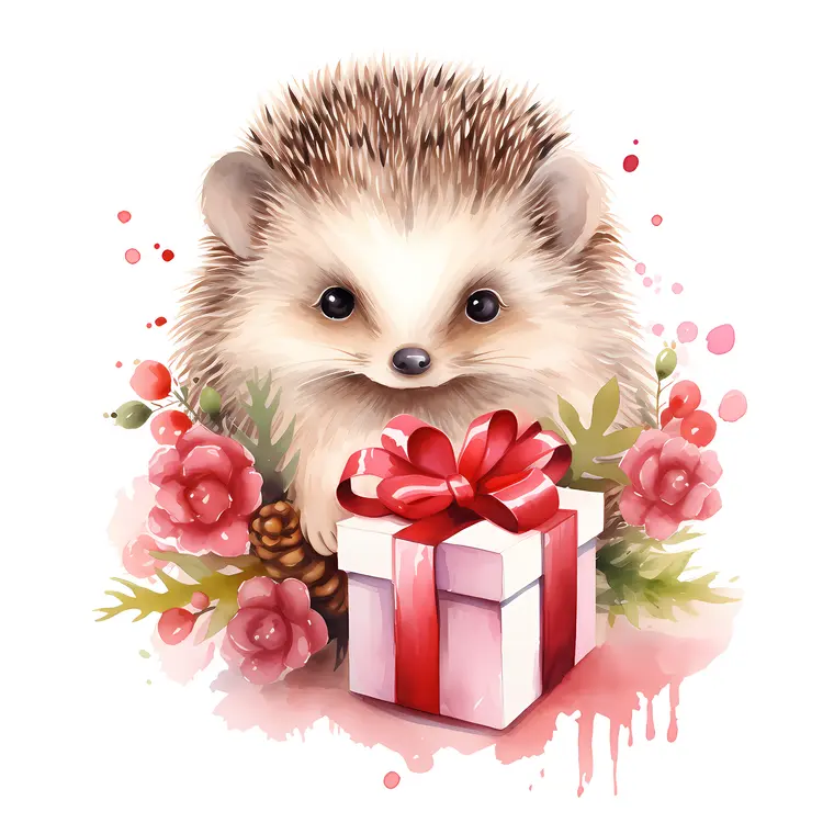 Hedgehog with Gift and Flowers