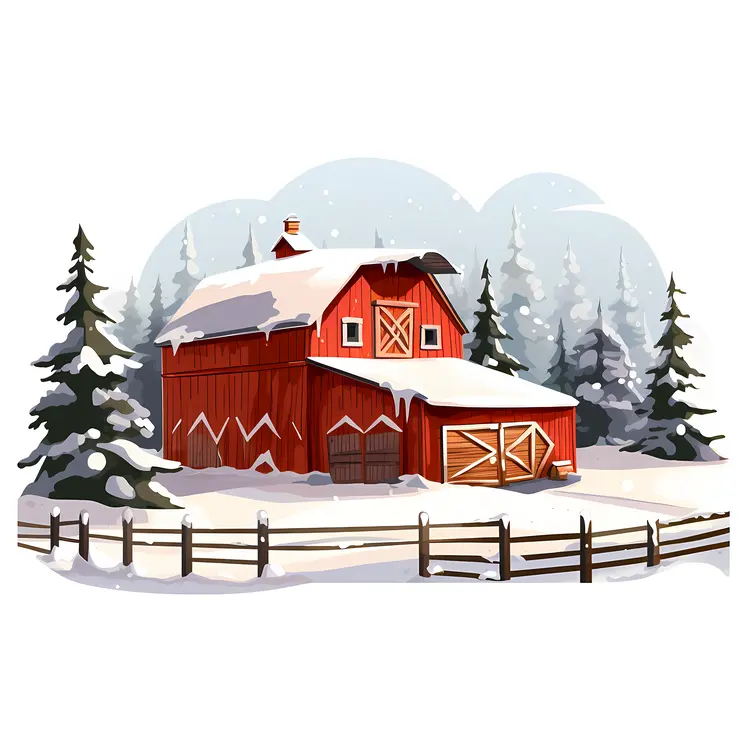 Red Barn with Snow-Covered Roof