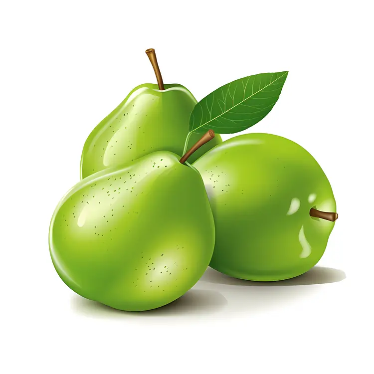 Three Green Pears with Leaf
