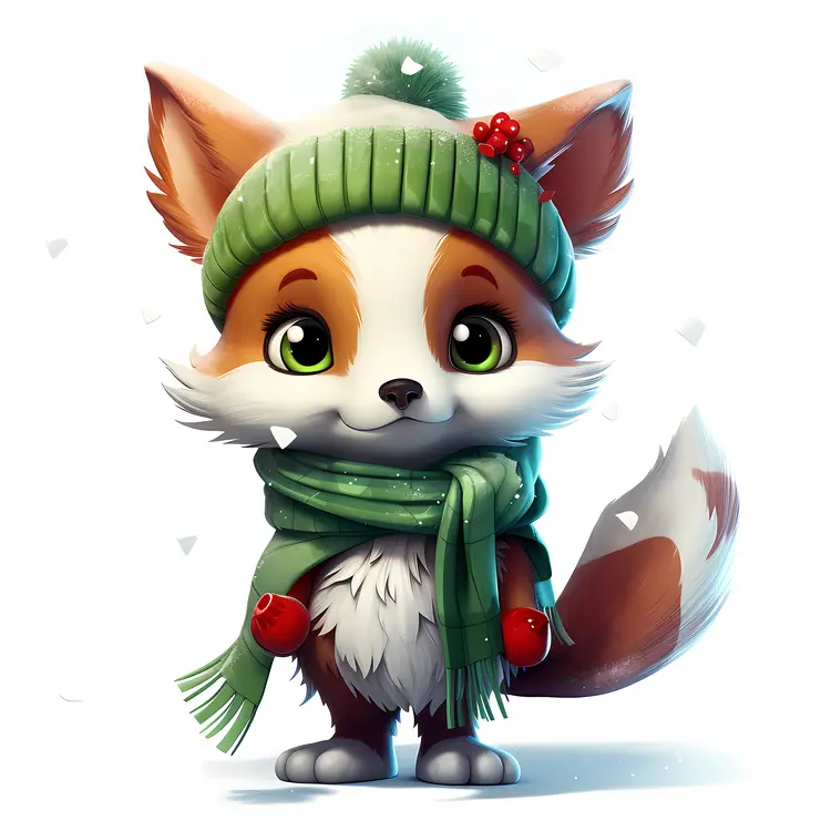 Cute Fox with Green Hat and Scarf
