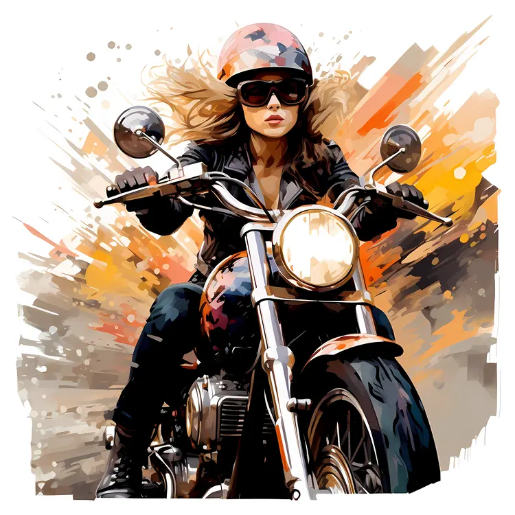 Illustrated Girl Biker on Black Motorcycle
