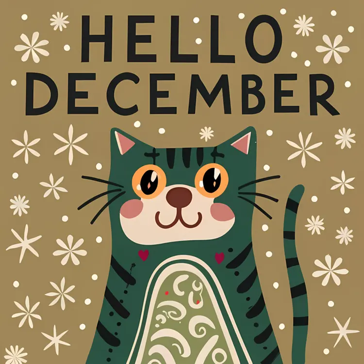 Hello December Text with Cute Cat and Flowers