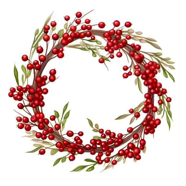 Red Berry Wreath with Green Leaves for Christmas Decoration