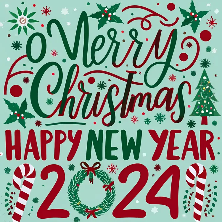Merry Christmas and Happy New Year 2024 Greeting with Holly and Candy Canes