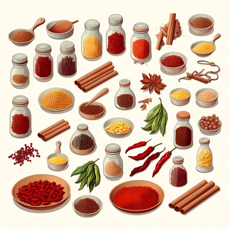 Assorted Spices in Jars and Bowls