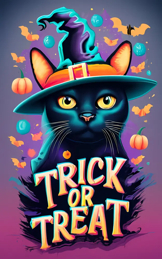 Black Cat with Witch Hat and Pumpkins for Trick or Treat