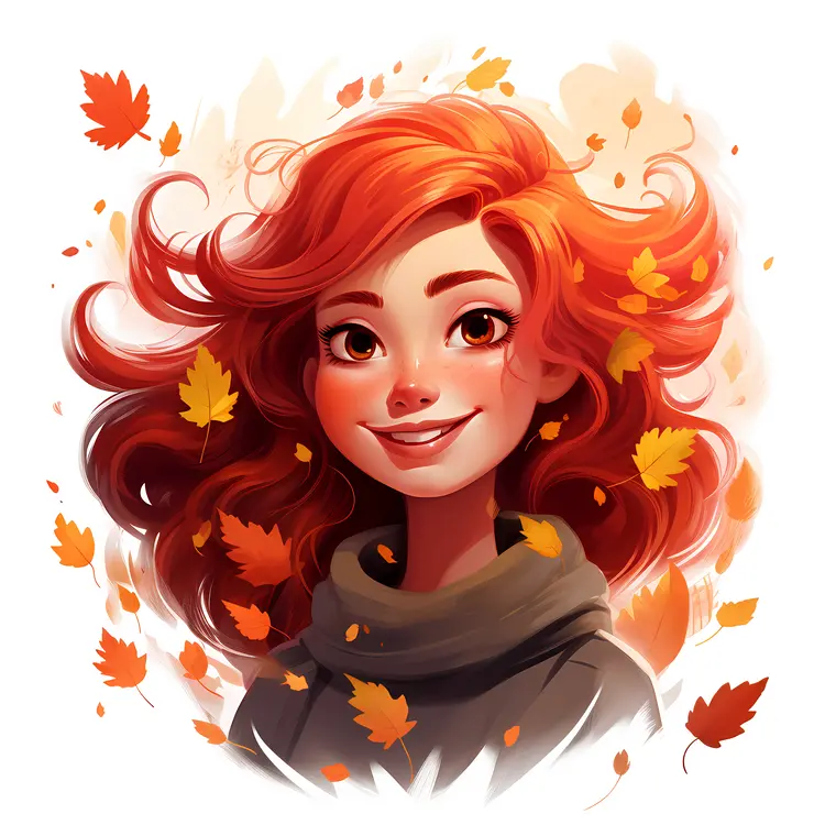 Smiling Red-haired Girl with Autumn Leaves