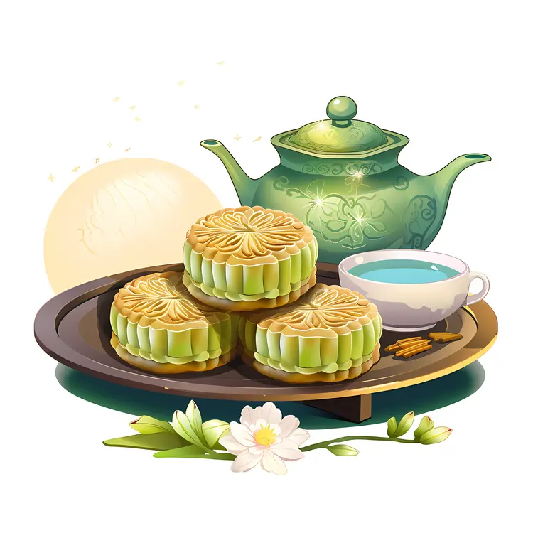 Green Mooncakes with Teapot and Tea