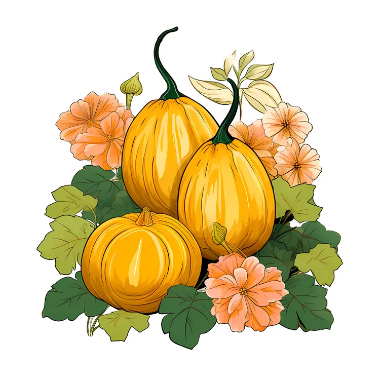Beautiful Yellow Pumpkins with Flowers and Leaves