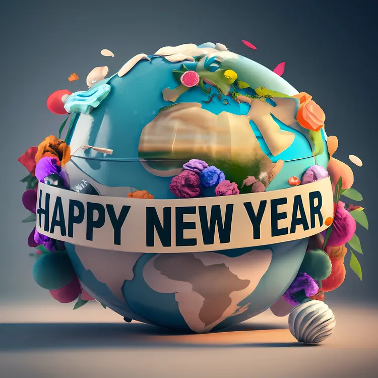 Happy New Year Globe with Flowers
