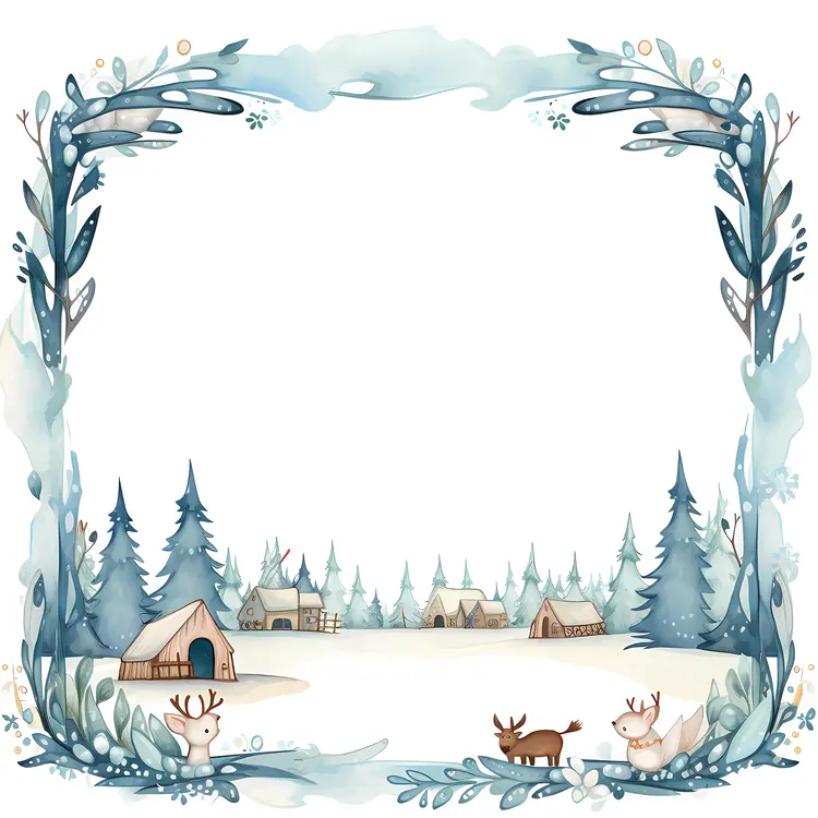 Winter Forest with Deer and Cabins