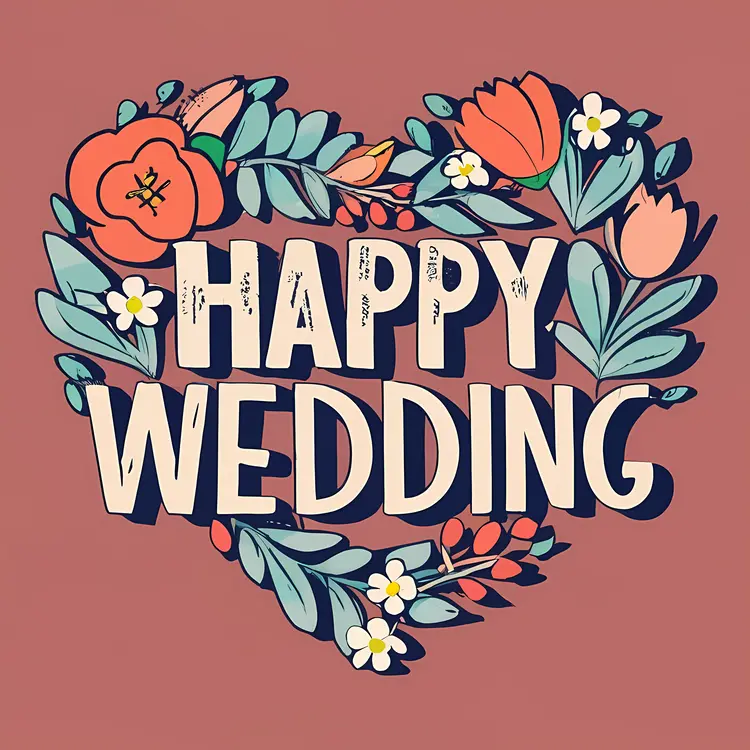 Happy Wedding Text with Floral Heart Design