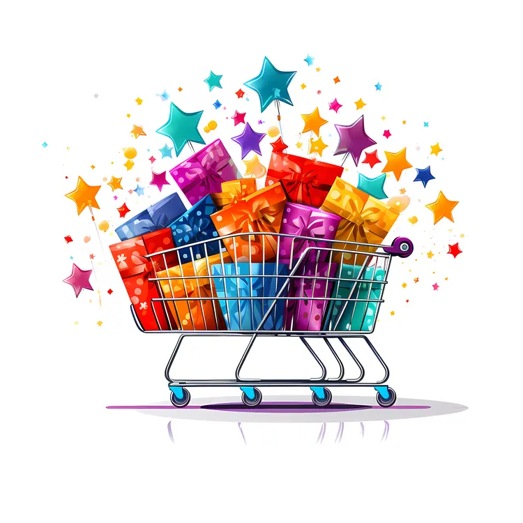 Shopping Cart Filled with Colorful Gifts and Stars