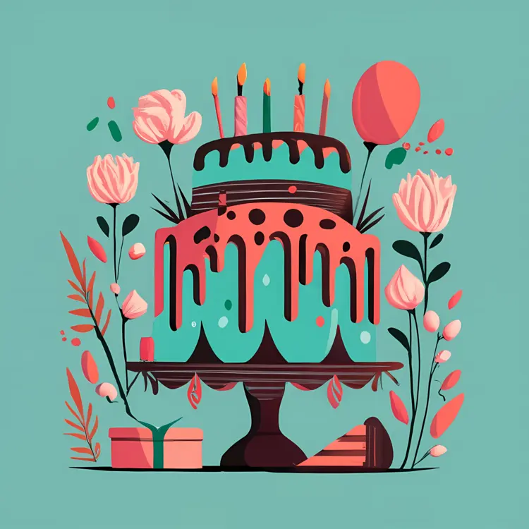 Festive Birthday Cake with Candles and Flowers