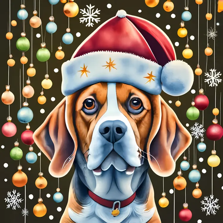 Joyful Dog with Santa Hat and Christmas Baubles