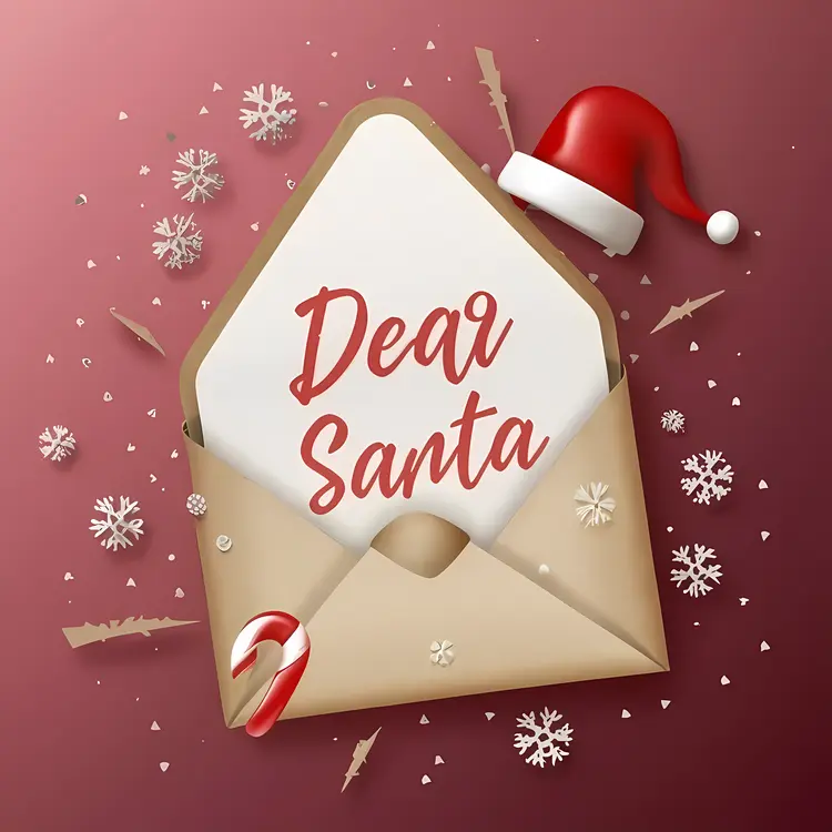 Dear Santa Letter in Beige Envelope with Santa Hat and Snowflakes