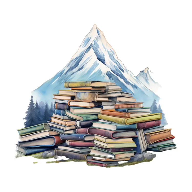 Stack of Books with Mountain Background