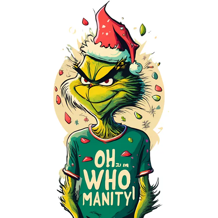 Grinch in Santa Hat with 'OH, THE WHO-MANITY!' Shirt