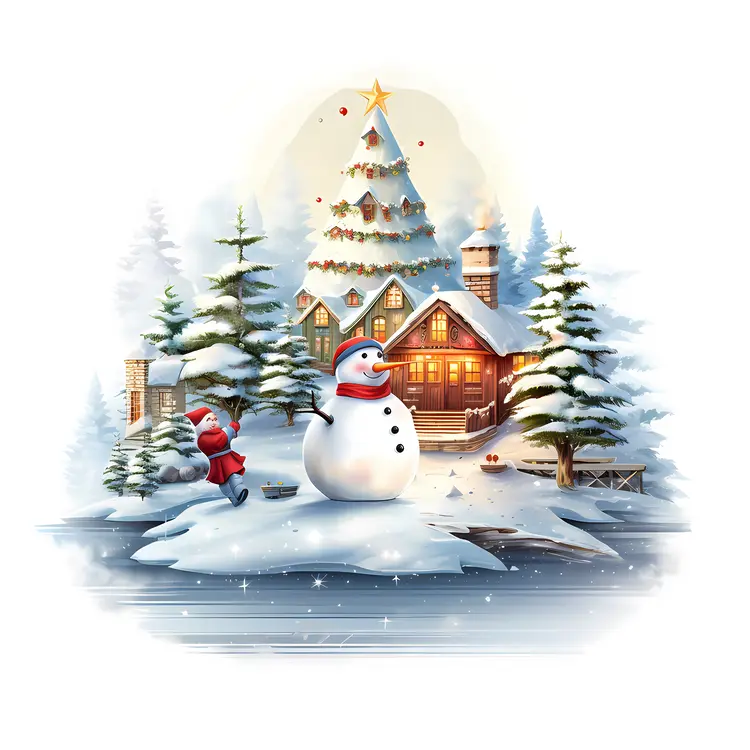 Snowman and Cozy House in Winter Wonderland