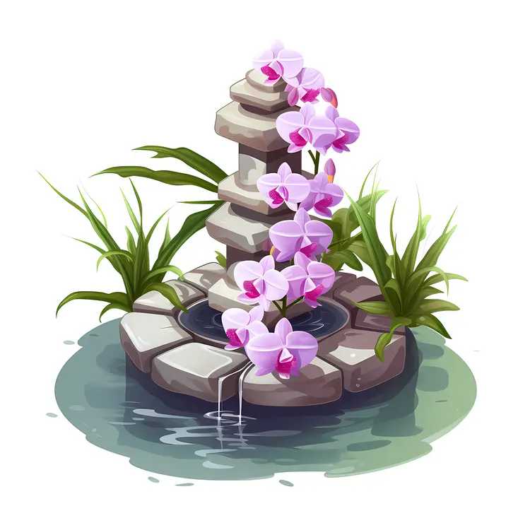 Pink Orchids and Fountain in Zen Arrangement