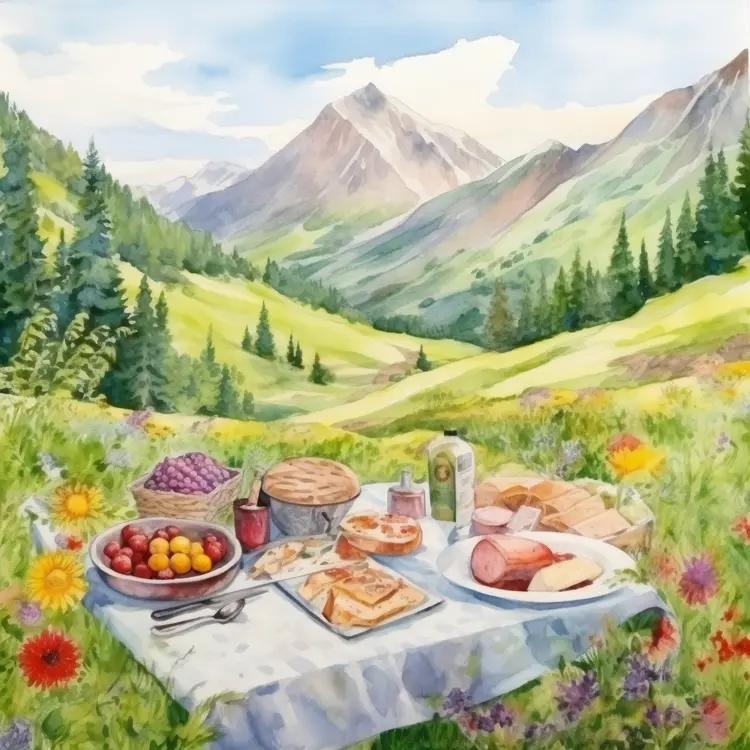 Scenic Mountain Picnic with Delicious Food