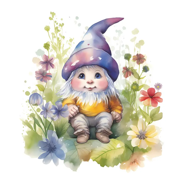 Cute Gnome in a Flower Garden