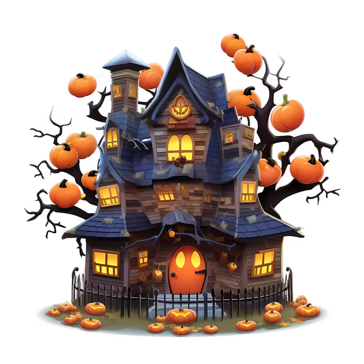 Spooky Haunted House with Pumpkins for Halloween