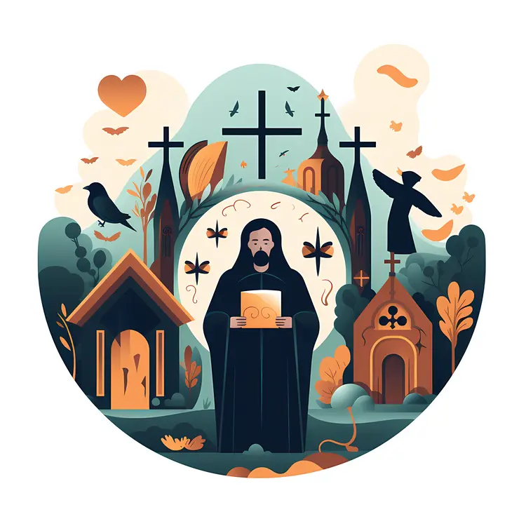 Nun in Graveyard with Crosses Illustration
