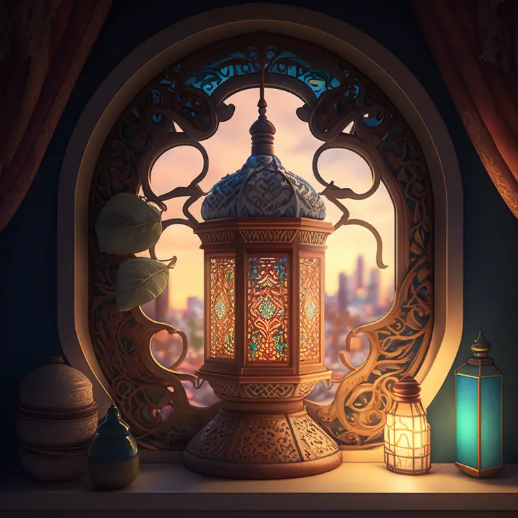 Ornate Lantern by the Window at Sunset