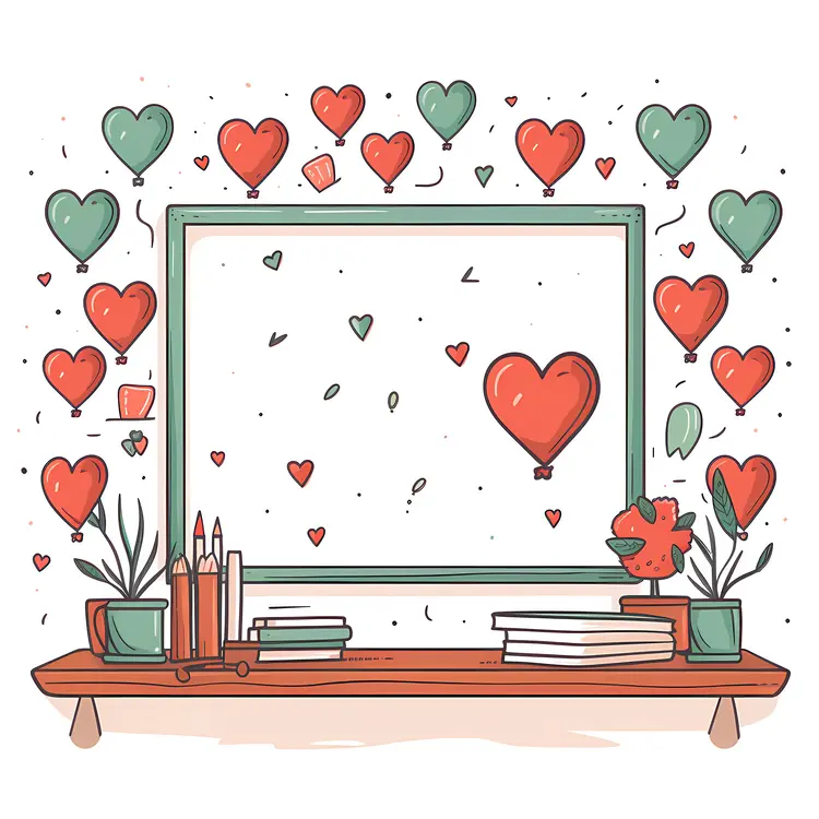 Heart and Apple Frame with Books and Pencils