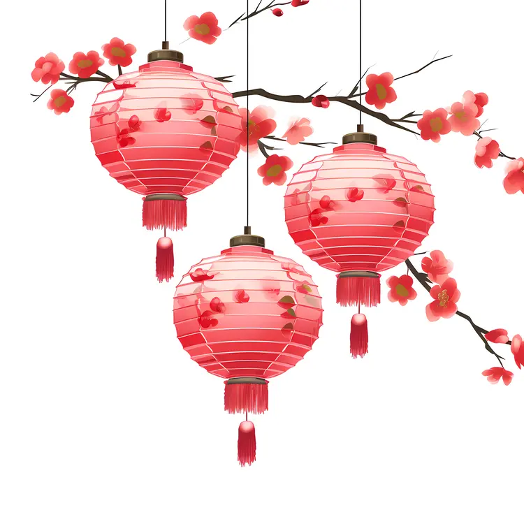 Beautiful Red Lanterns with Cherry Blossoms for Chinese New Year